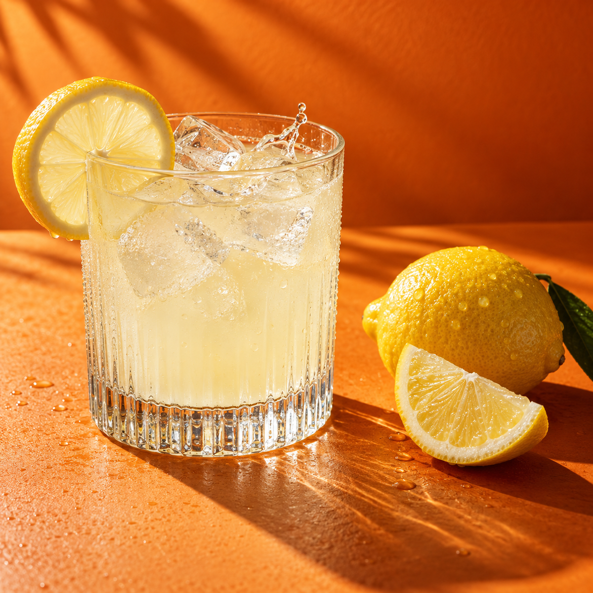 Lemon drink with ice and fresh lemon on a vivid orange background.